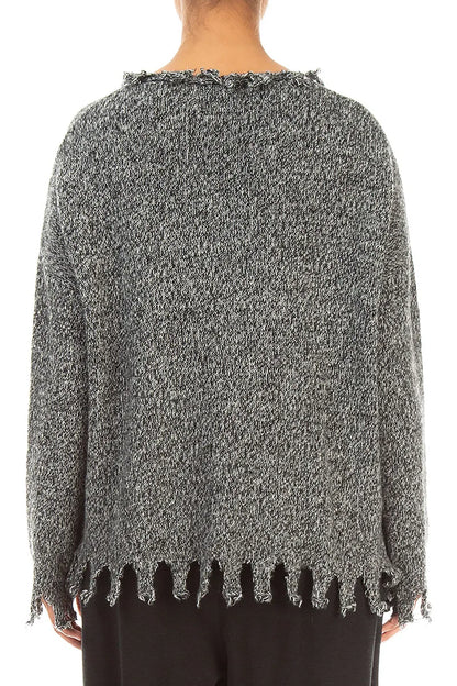 Pull en cachemire gris chiné à ourlet effiloché