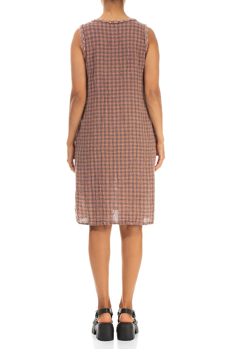 Frayed Neckline Sleeveless Blush Watercolour Check Linen Dress 2