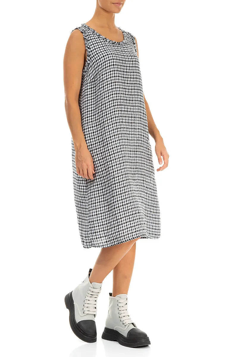 Frayed Neckline Sleeveless Heritage Check Linen Dress 3