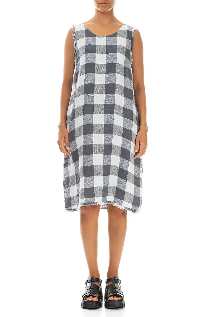Frayed Sleeveless White Large Check Linen Dress