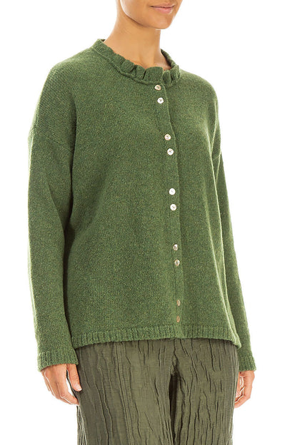 Frill Collar Dark Sage Wool Cardigan 3