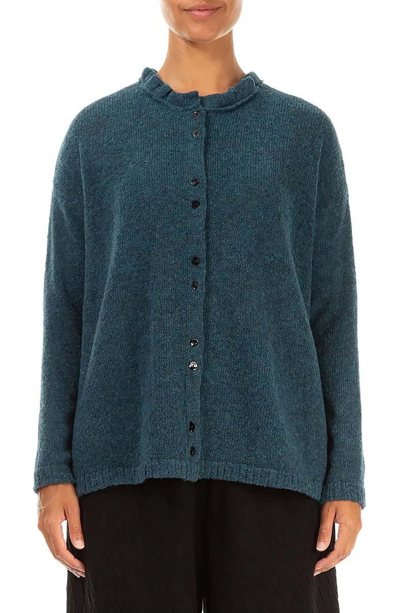 Gilet en laine turquoise à col volanté