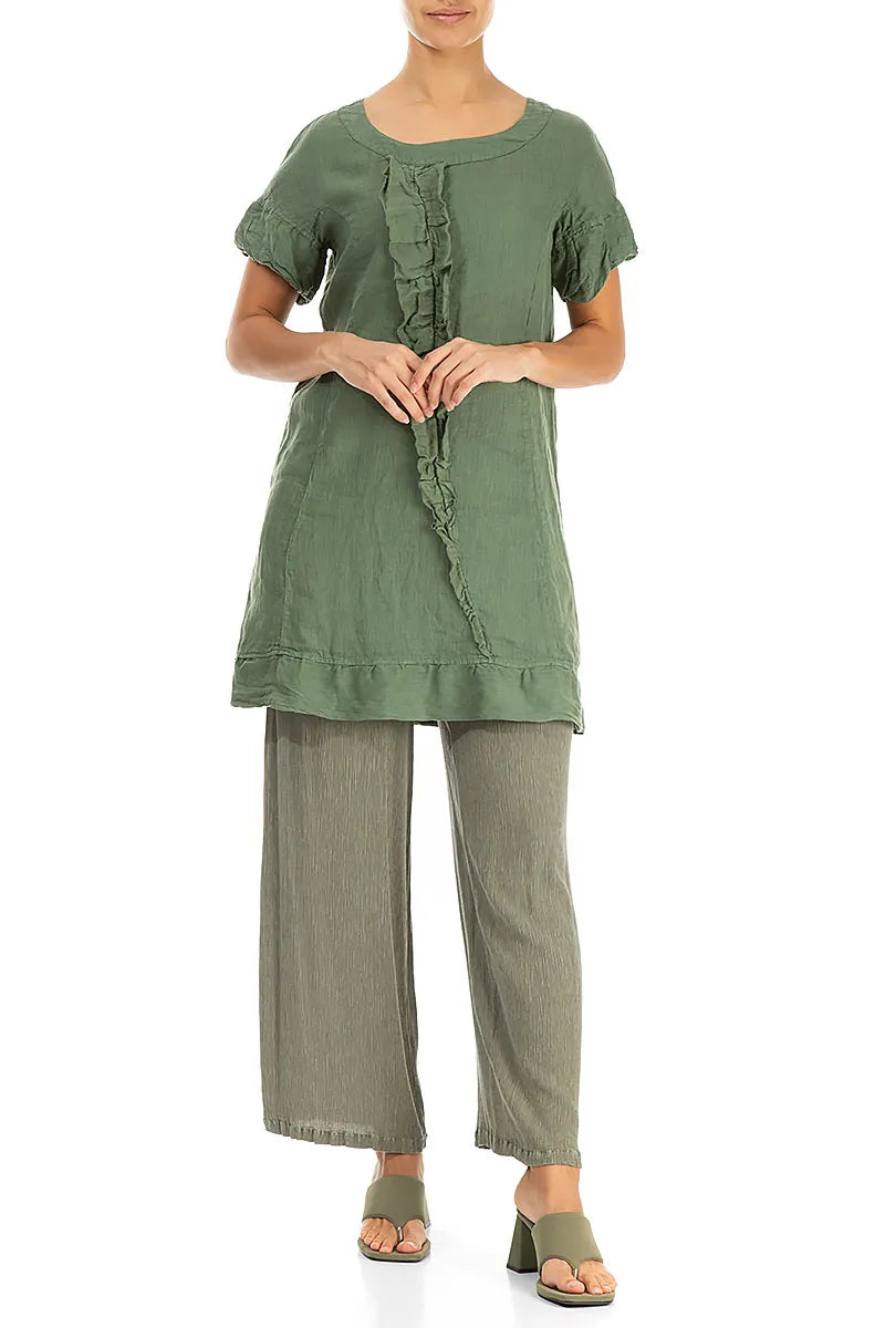 Frill Detail Green Linen Tunic Dress 4