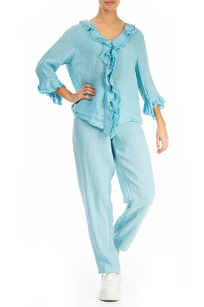 Frilled Ice Blue Linen Blouse 4