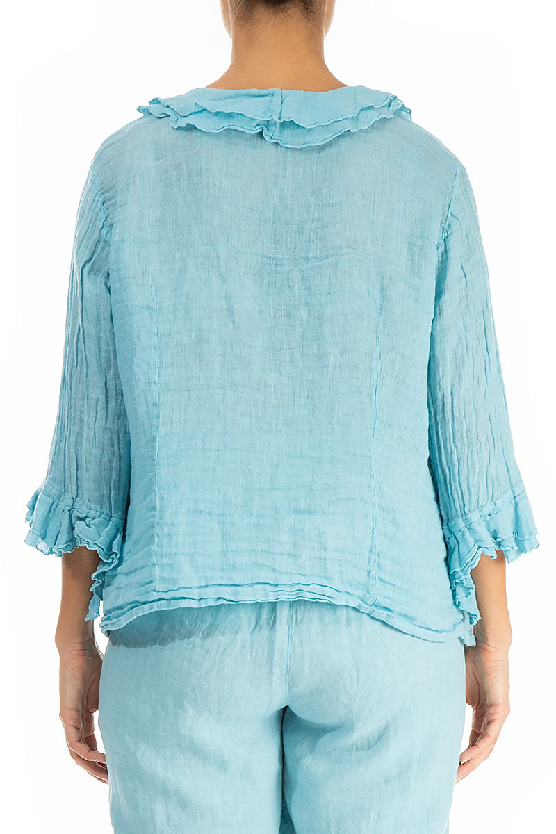 Frilled Ice Blue Linen Blouse 2