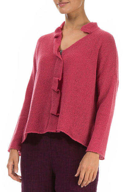 Frilled Neck Pink Punch Wool Cardigan 3