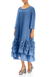 Frilly Flower Cobalt Blue Silk Cotton Dress 4