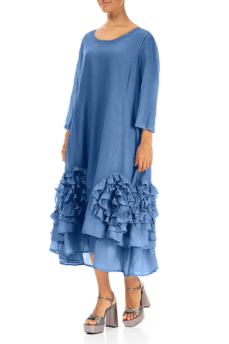 Frilly Flower Cobalt Blue Silk Cotton Dress 4