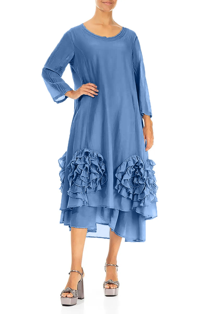 Frilly Flower Cobalt Blue Silk Cotton Dress 3