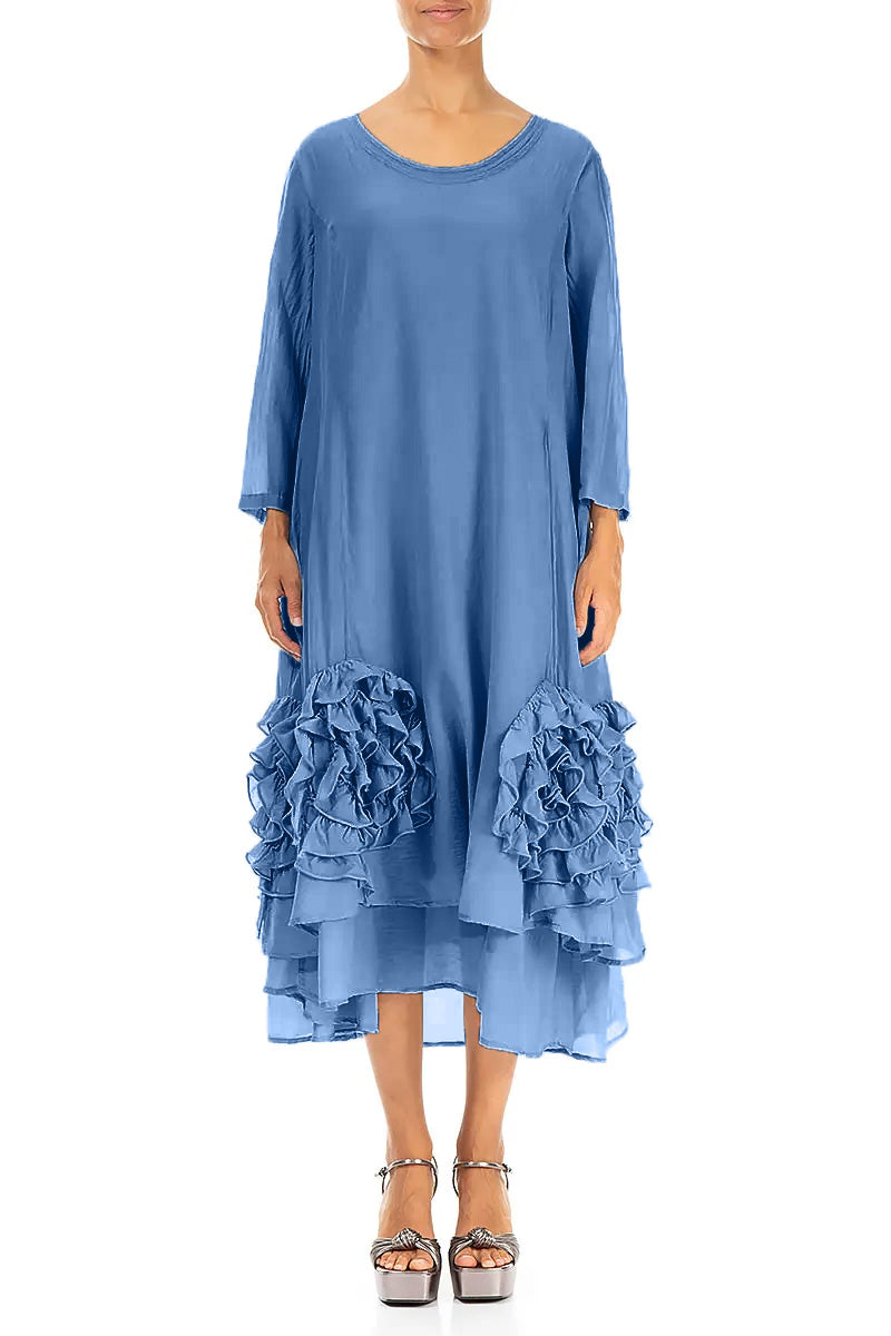 Frilly Flower Cobalt Blue Silk Cotton Dress 1