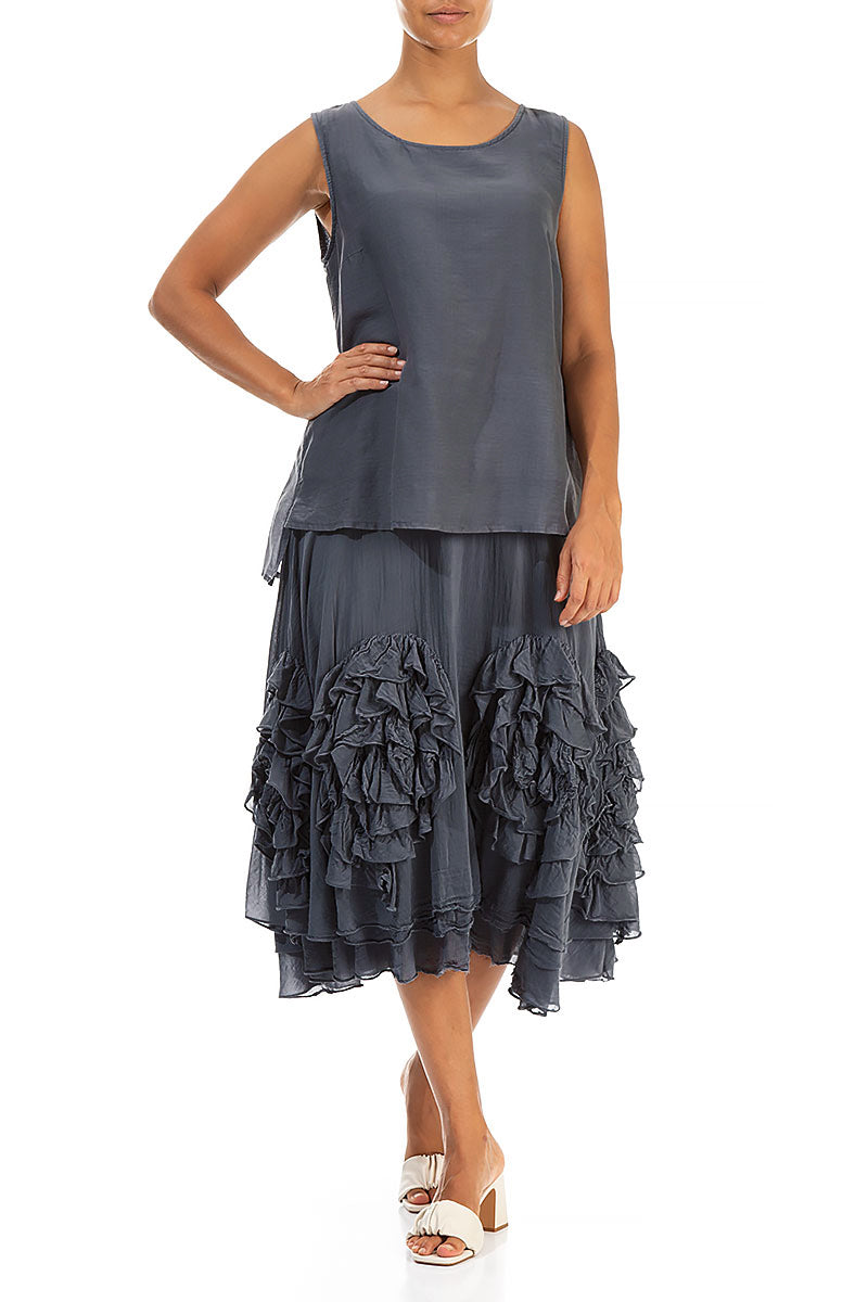 Frilly Flower Graphite Silk Cotton Skirt 4