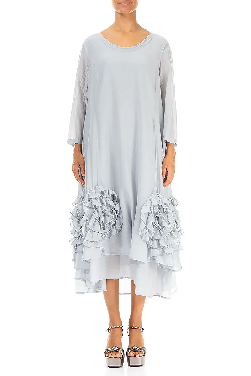 Frilly Flower Silver Grey Silk Cotton Dress