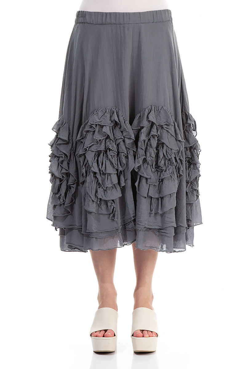 Frilly Flower Storm Grey Silk Cotton Midi Skirt 1