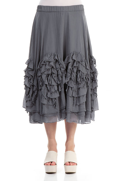 Frilly Flower Storm Grey Silk Cotton Midi Skirt 1