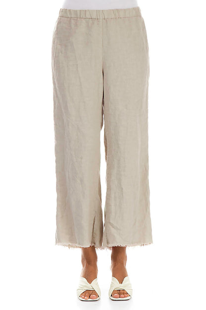 Fringed Flared Beige Linen Trousers