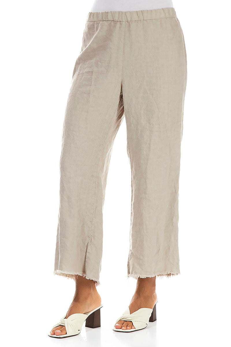 Fringed Flared Beige Linen Trousers