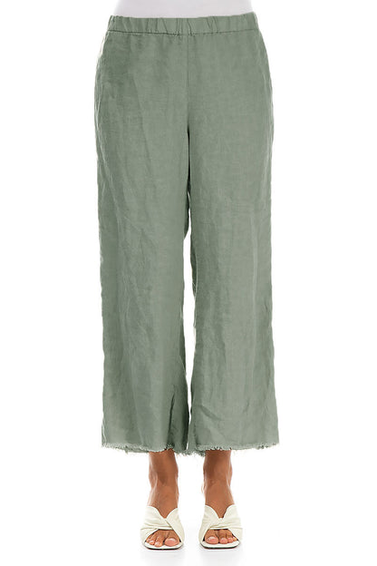 Pantalon évasé en lin sauge à franges
