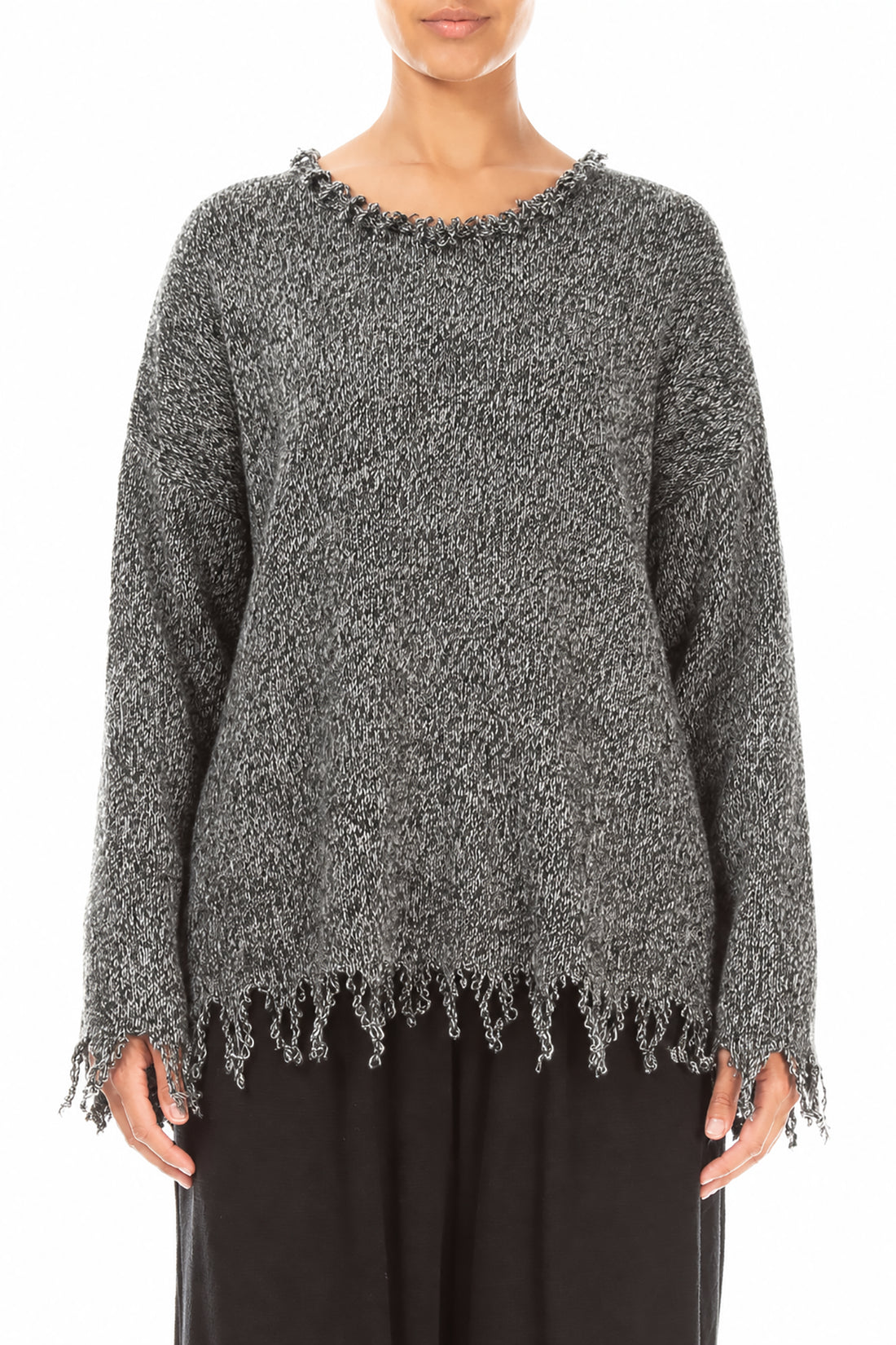 Fringed Grey Mélange Cashmere Sweater 1