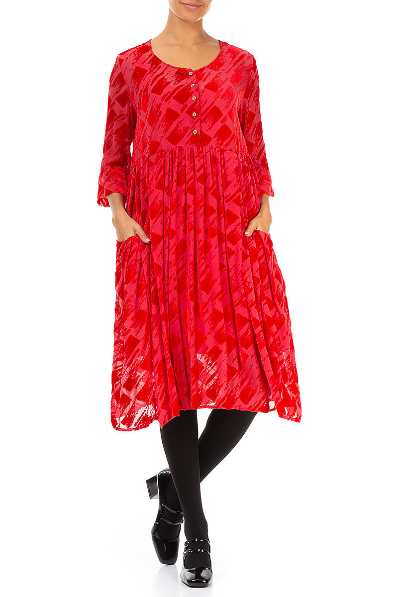 Front Buttons Flared Devoré Red Silk Velvet Dress 4