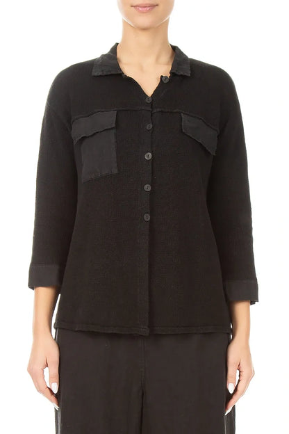 Front Pocket Black Linen Cardigan 1