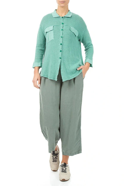 Cardigan aus Leinen in Mint mit Vordertasche