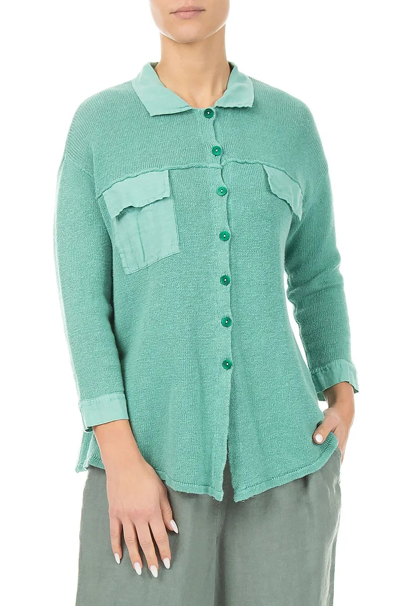 Cardigan aus Leinen in Mint mit Vordertasche