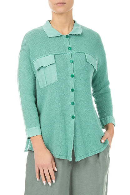 Cardigan aus Leinen in Mint mit Vordertasche