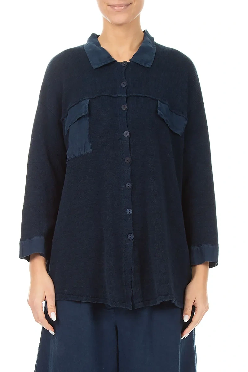 Front Pocket Navy Linen Cardigan 1