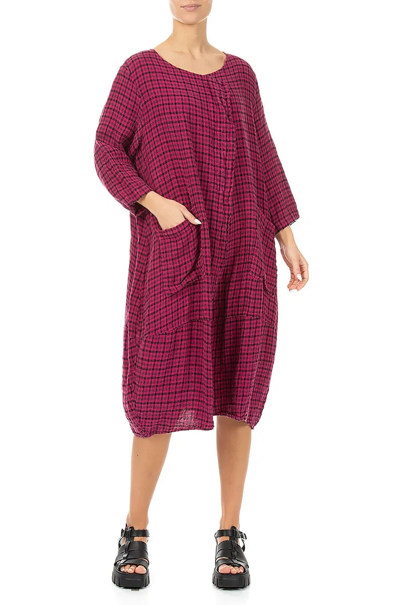 Front Pockets Fuchsia Heritage Check Linen Dress 3