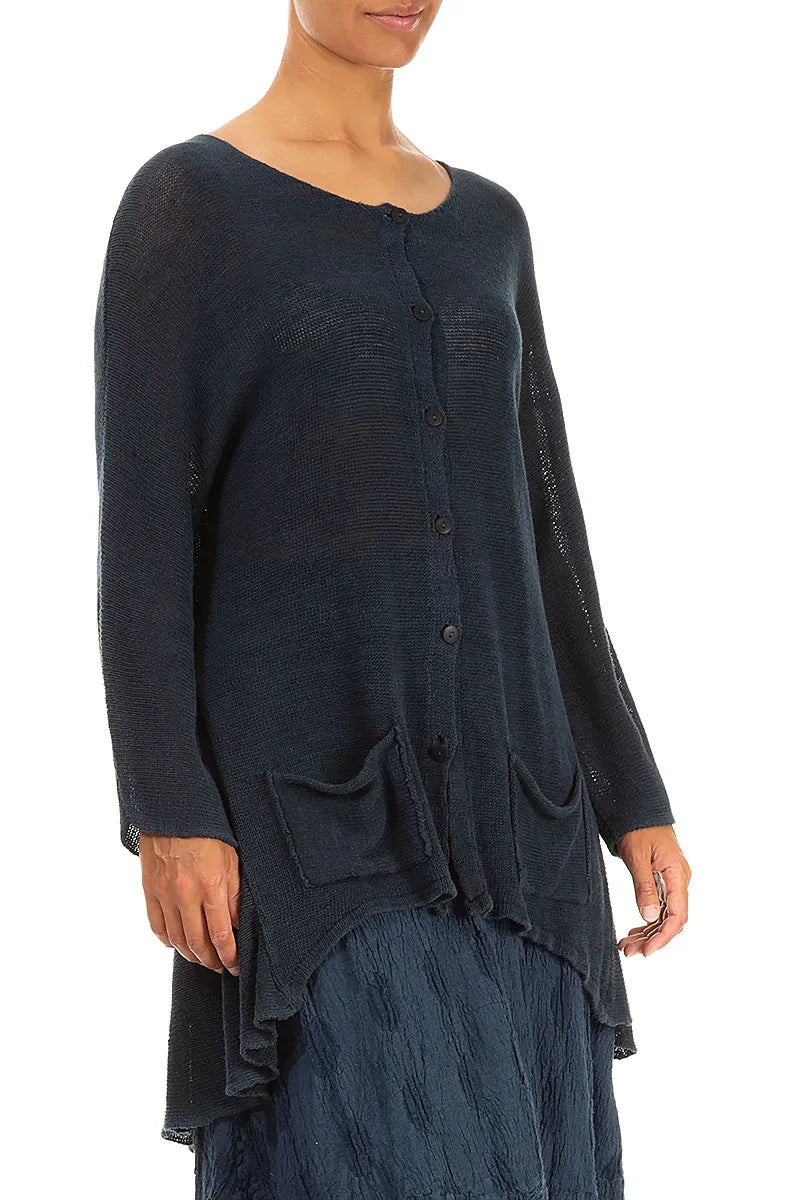 Cardigan aus marineblauem Leinen mit Vordertaschen