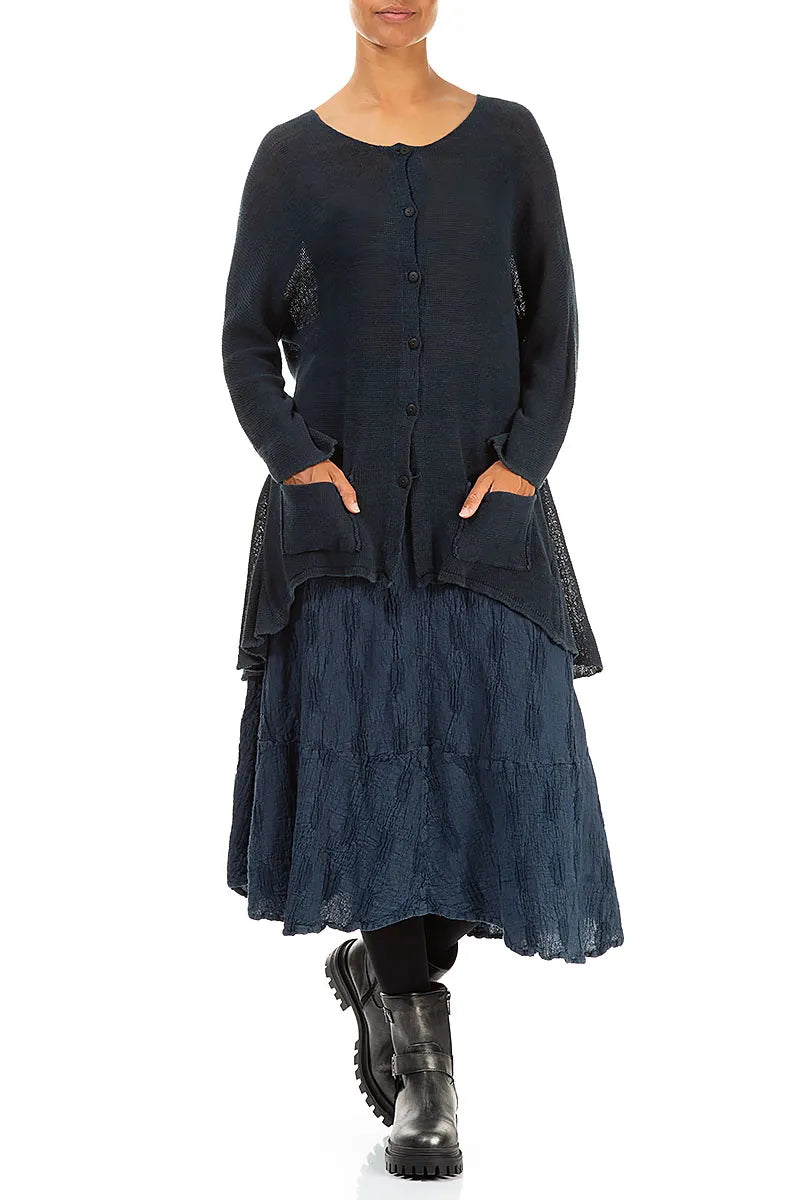 Cardigan aus marineblauem Leinen mit Vordertaschen