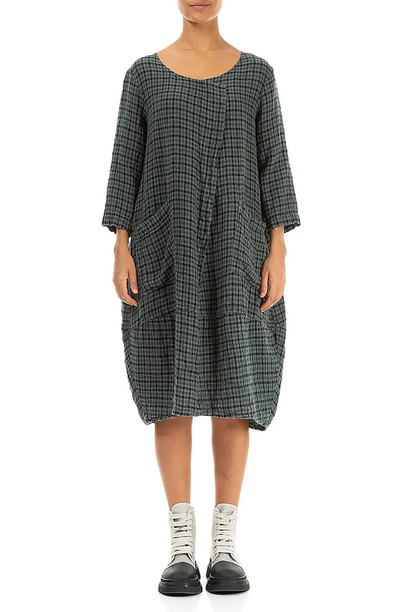 Front Pockets Sage Check Linen Dress 1