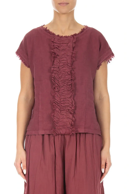 Front Ruffle Antique Ruby Linen Blouse 1