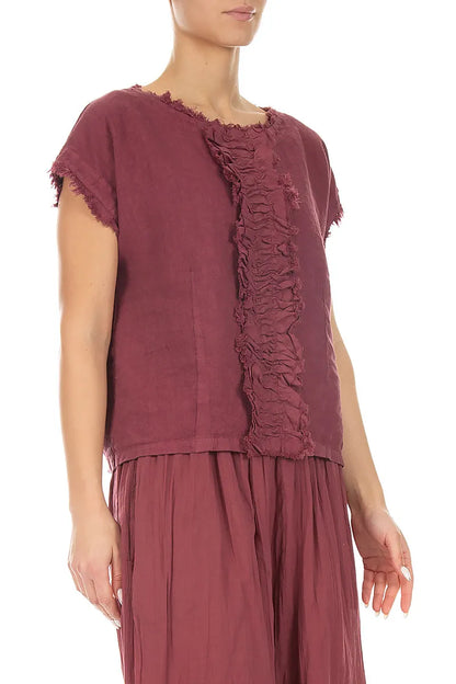 Front Ruffle Antique Ruby Linen Blouse 3