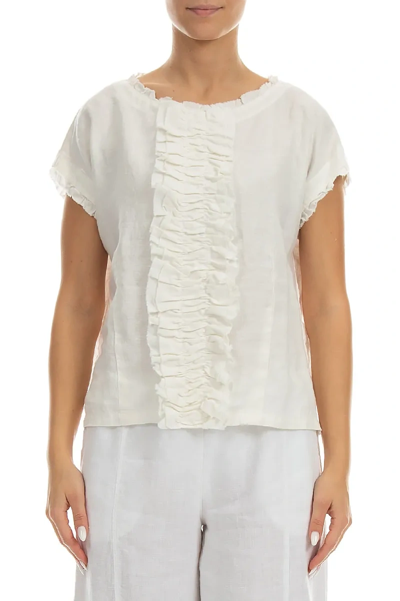 Front Ruffle Off White Linen Blouse 1