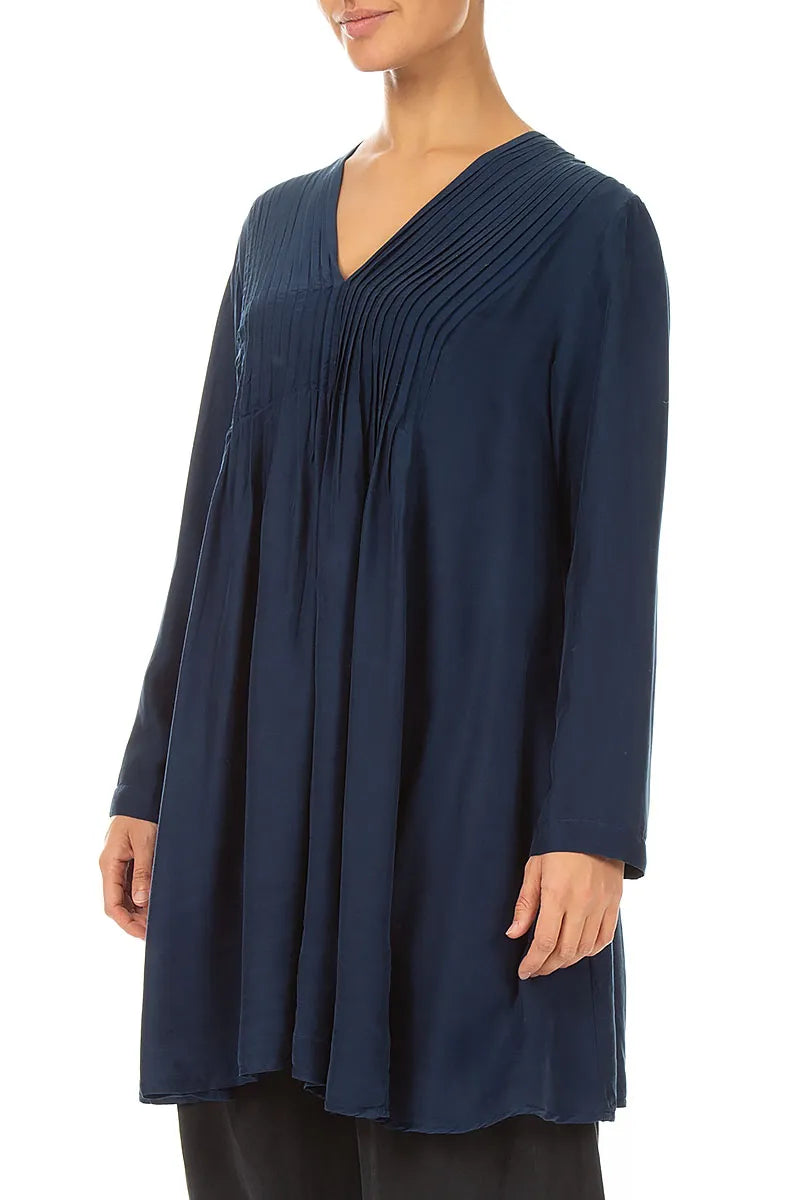 Front Tucks Navy Silk Bamboo Tunic 3