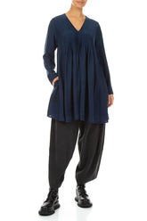Front Tucks Navy Silk Bamboo Tunic 4