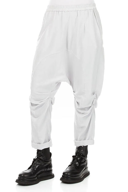 Gathered Knee Pearl Grey Silk Cotton Trousers 3