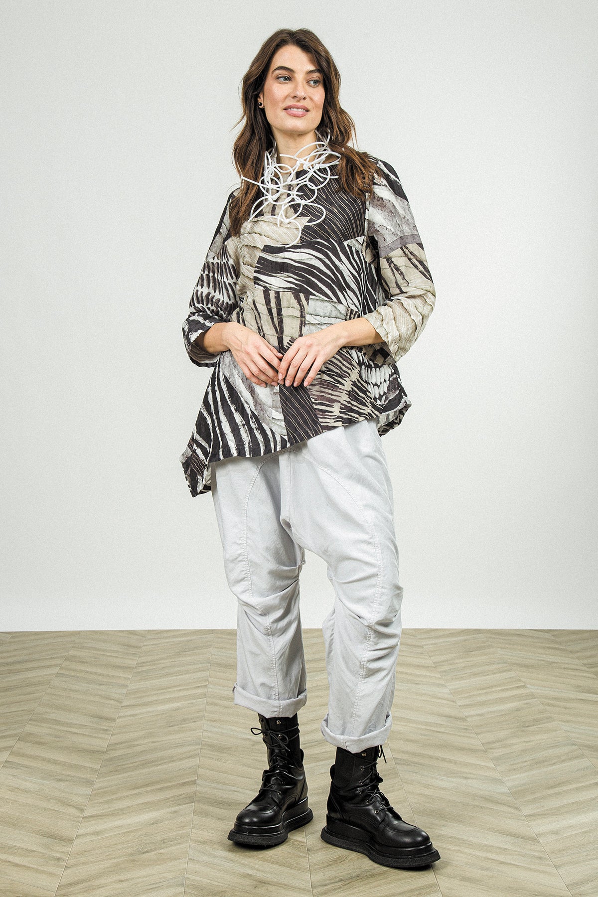 Gathered Knee Pearl Grey Silk Cotton Trousers 8
