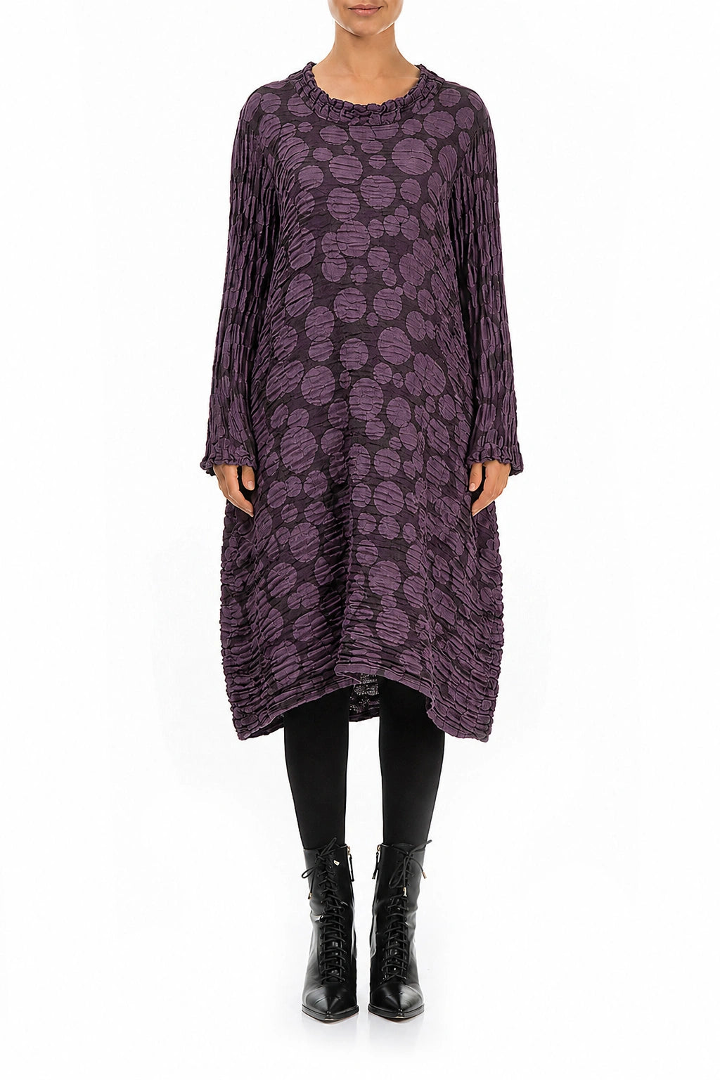 Gathered Neck Deep Plum Circle Silk Linen Dress