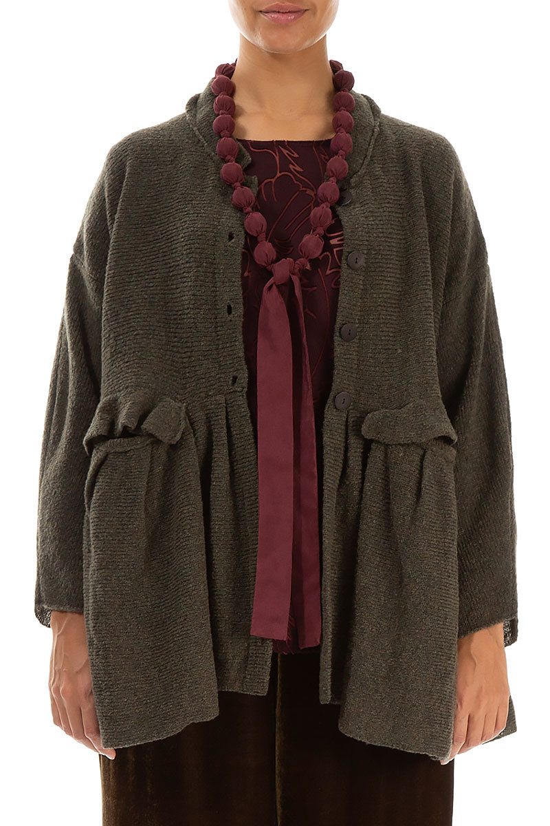 Gathered Pockets Khaki Wool Cardigan 1