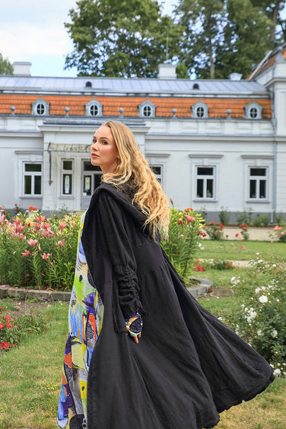 Gathered Sleeves Black Linen Hooded Jacket 6