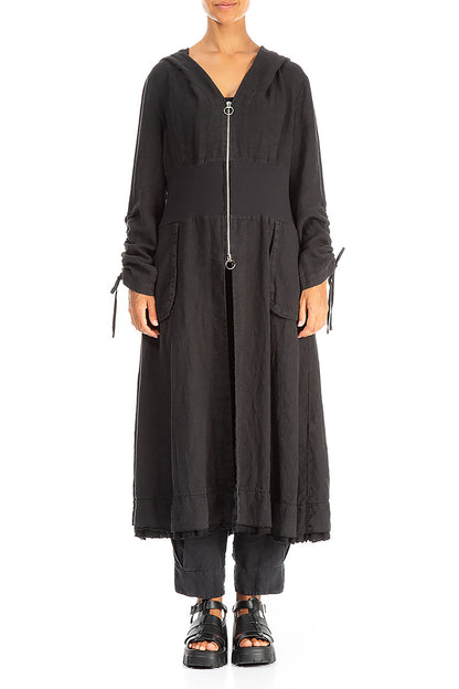 Gathered Sleeves Black Linen Hooded Jacket 1