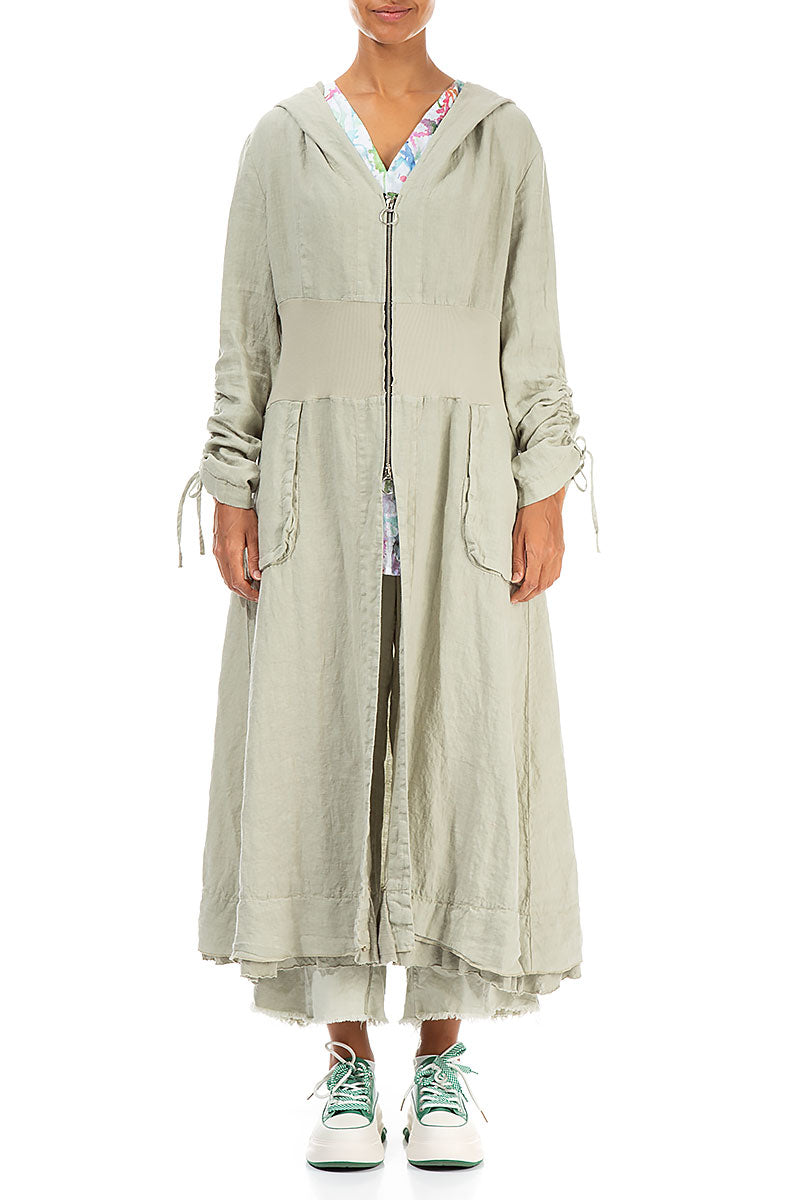 Hooded Gathered Sleeves Laurel Green Linen Jacket 1