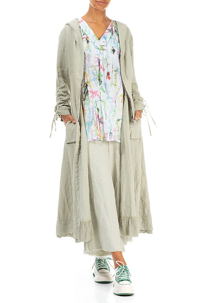 Hooded Gathered Sleeves Laurel Green Linen Jacket 4