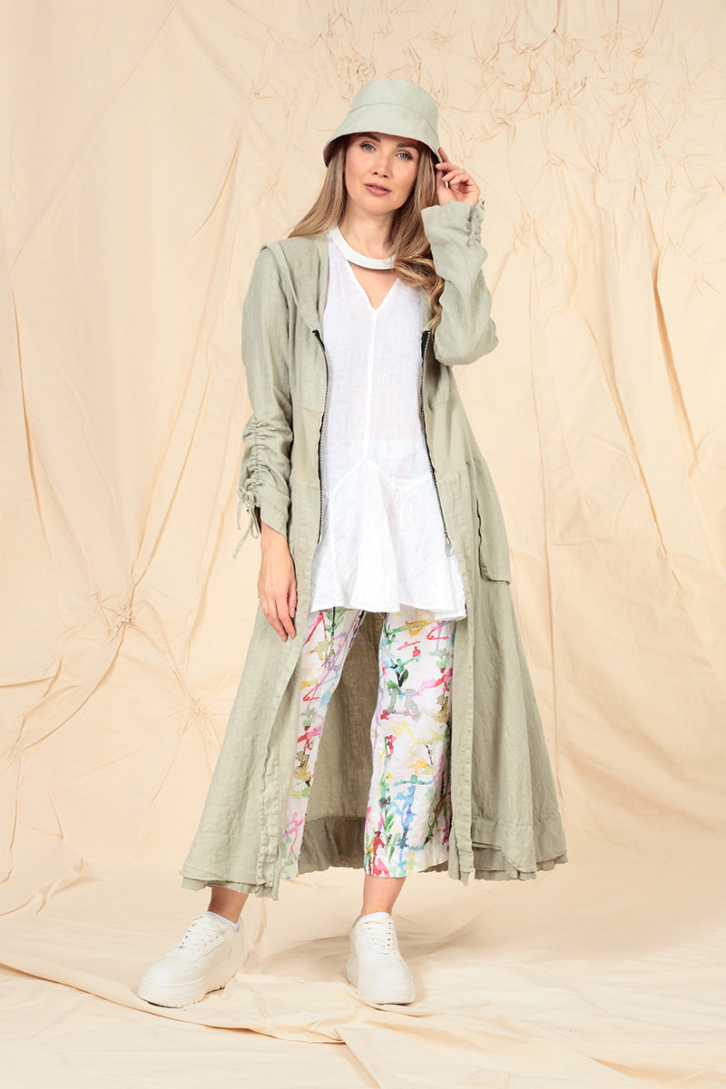 Hooded Gathered Sleeves Laurel Green Linen Jacket 7