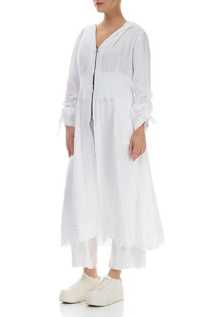 Gathered Sleeves White Linen Hooded Jacket 3