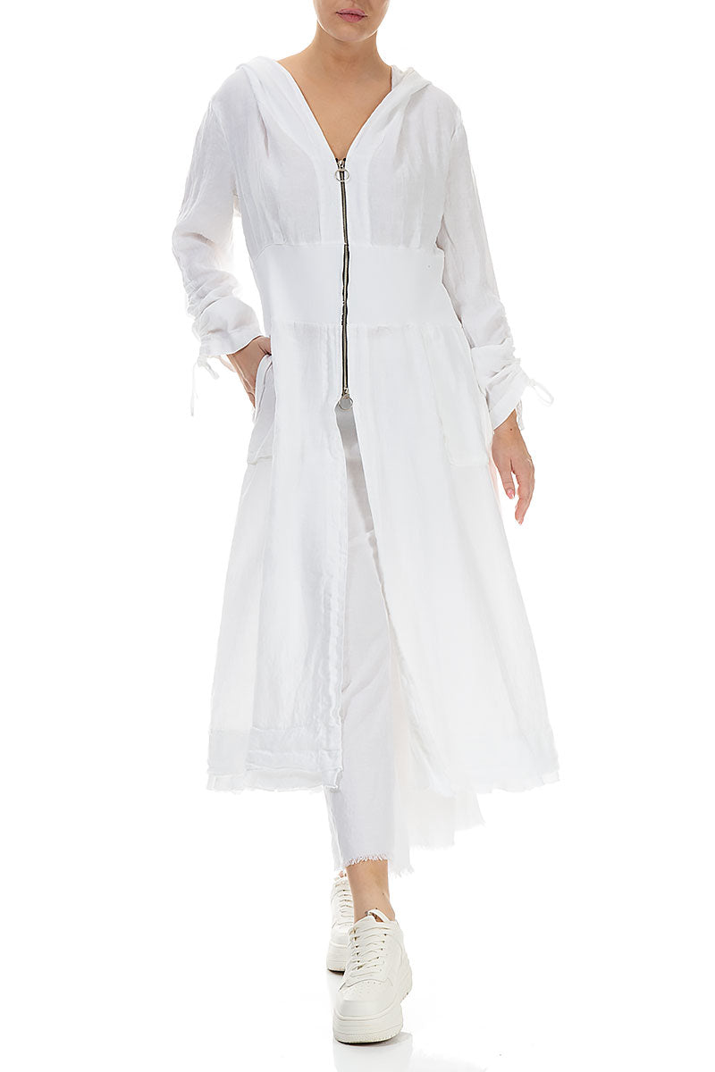 Gathered Sleeves White Linen Hooded Jacket 4