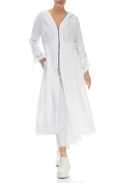 Gathered Sleeves White Linen Hooded Jacket 4