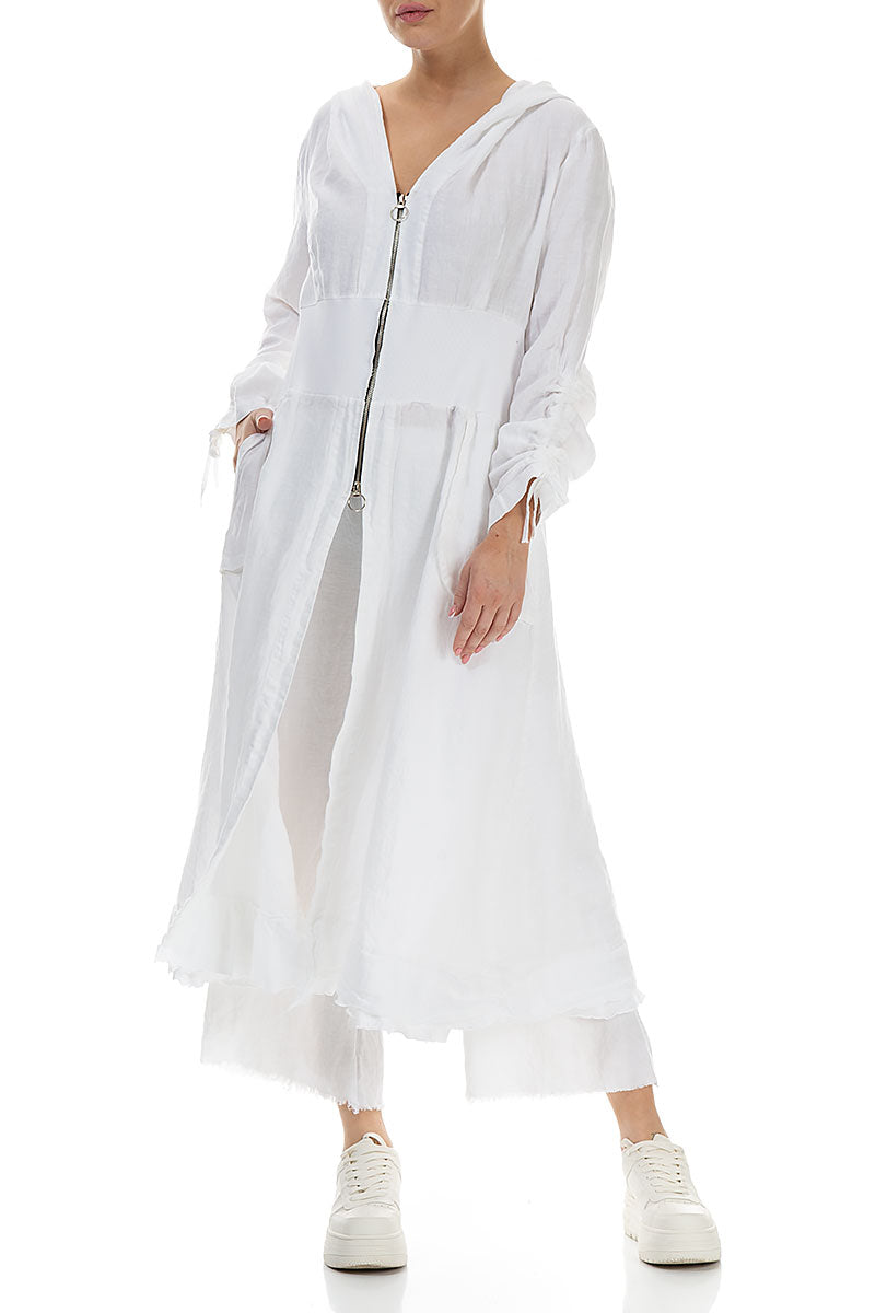 Gathered Sleeves White Linen Hooded Jacket 5